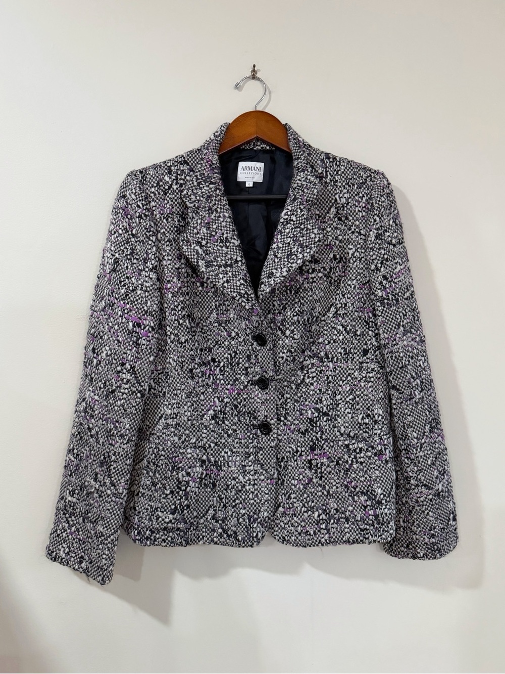 Armani Collezioni Women's 12 Gray Purple Virgin Wool Tweed Blazer Quiet Luxury